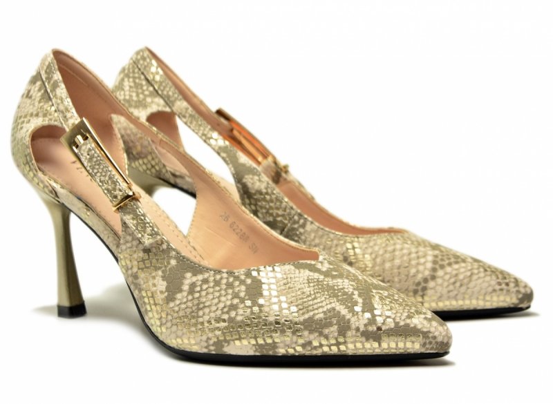 Czółenka szpilki beżowe złote 36 VINCEZA 62288 wąż beż