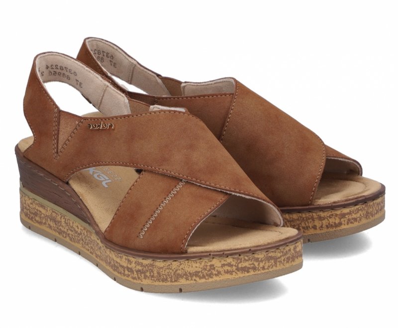 Sandałki brązowe 39 RIEKER 63782 brąz na koturnie platformie