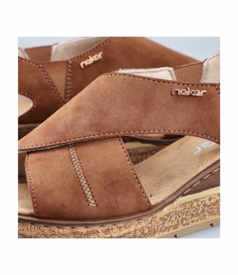Sandałki brązowe 39 RIEKER 63782 brąz na koturnie platformie