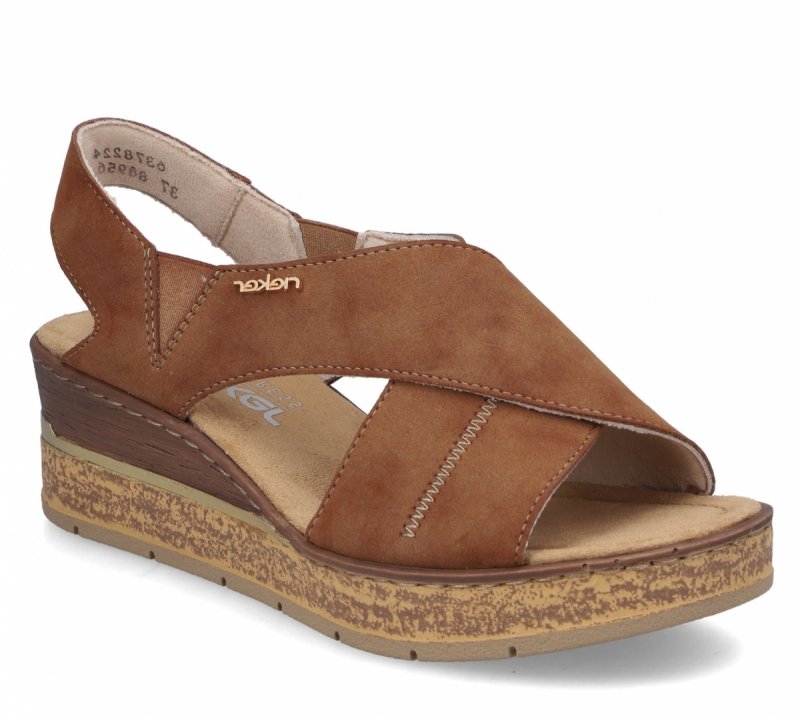 Sandałki brązowe 38 RIEKER 63782 brąz na koturnie platformie