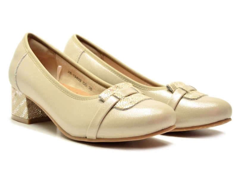 Czółenka złote 40 skóra POTOCKI 19409 beżowe na obcasie beż skórzane
