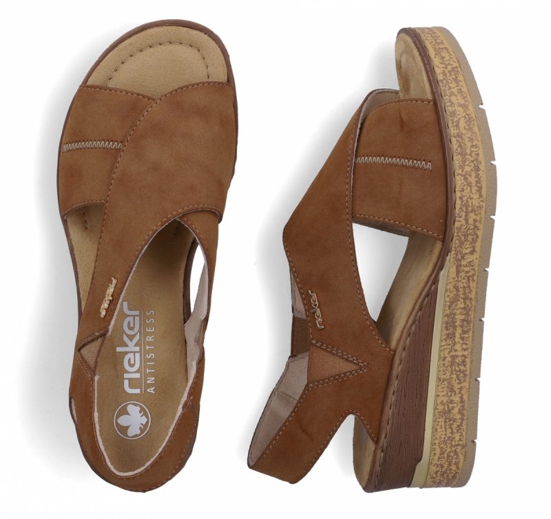 Sandałki brązowe 41 RIEKER 63782 brąz na koturnie platformie