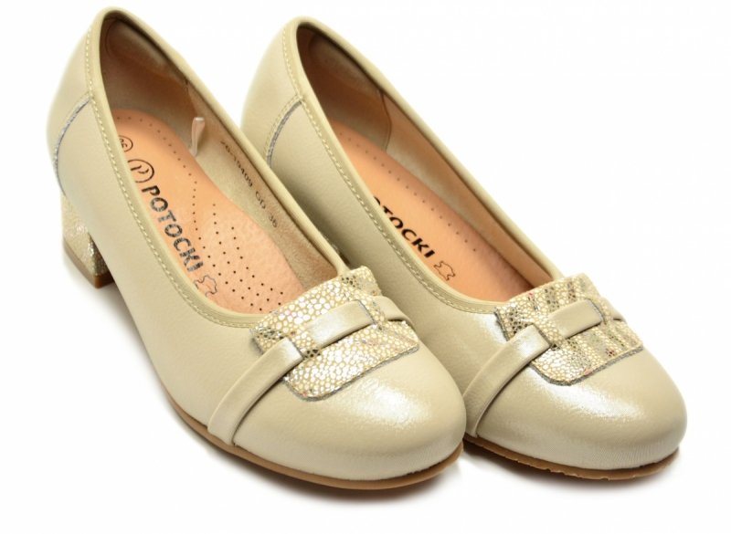 Czółenka złote 37 skóra POTOCKI 19409 beżowe na obcasie beż skórzane
