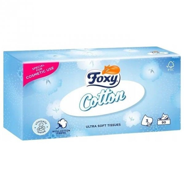 FOXY Cotton Chusteczki higieniczne bezzapachowe 3-warstwowe - 90 sztuk