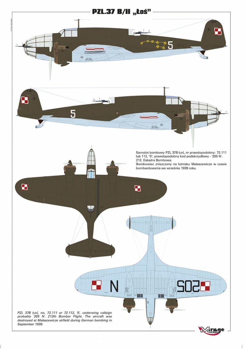 Mirage 481310 1/48 PZL.37 B/II ŁOŚ Samolot Bombowy, DRUGA SERIA Produkcyjna