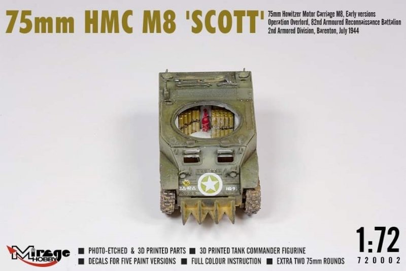 MIRAGE 720002 1:72 75mm HMC M8 SCOTT wczesne wersje Operacja Overlord, 82. pancerny batalion rozpoznawczy 2 Dywizja Pancerna, Barenton, lipiec 1944 r