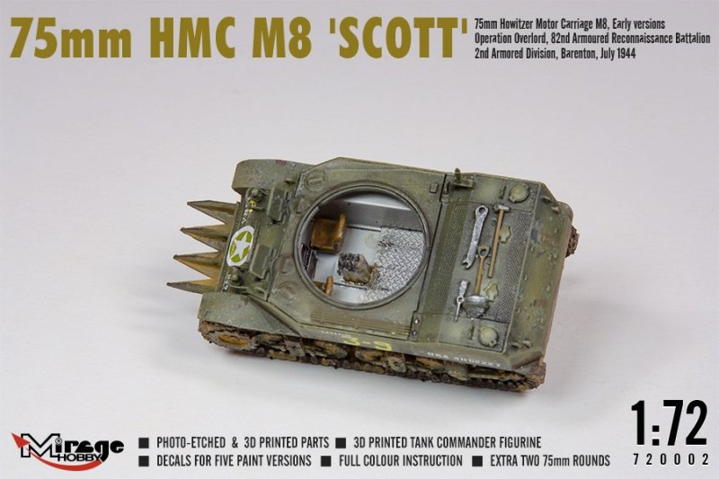 MIRAGE 720002 1:72 75mm HMC M8 SCOTT wczesne wersje Operacja Overlord, 82. pancerny batalion rozpoznawczy 2 Dywizja Pancerna, Barenton, lipiec 1944 r