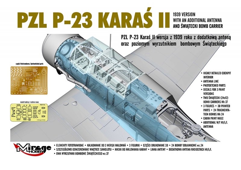 Mirage 481601 1/48 PZL P-23 Karaś II . Wersja z 1939 roku z dodatkową anteną oraz poziomym wyrzutnikiem Świąteckiego [Profi Set]