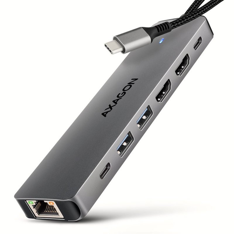 AXAGON HMC-7HX2 Hub USB, 2x USB-A, 1x USB-C, 2x HDMI 2.0, 1x RJ45, 100 W PD – srebrny