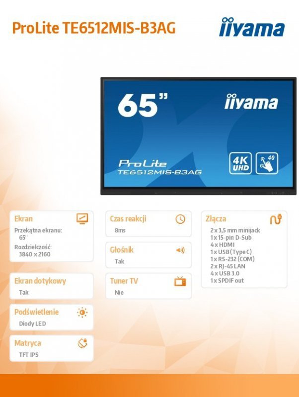 IIYAMA Monitor 65 cali ProLite TE6512MIS-B3AG 40pkt,IPS,4K,24/7, 7H,WiFi,VGA,HDMI,USB-c,Bluetooth,metal,8ms,Vesa,2x16W