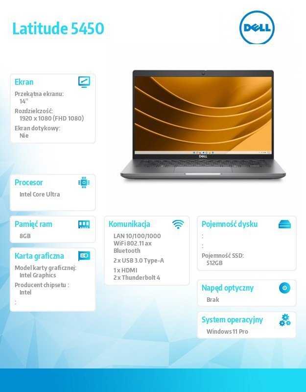 Dell Notebook Latitude 5450 Win11Pro Ultra 5 125U/8GB/512GB SSD Gen4/14.0 FHD/Integrated/FgrPr&SmtCd/FHD/IR Cam/Mic/WWANReady4G+