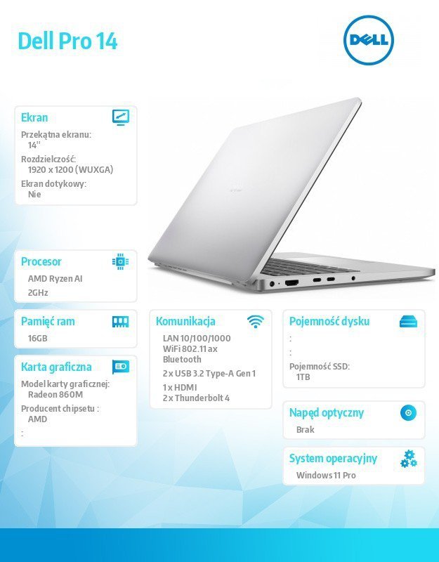 Dell Laptop Dell Pro 14 PC14255/AMD Ryzen AI 7 PRO 350/16GB/1TB/14.0 FHD+/Radeon 860M/FgrPr/FHD/IR Cam/Mic/WLAN+BT/Backlit Kb/3 