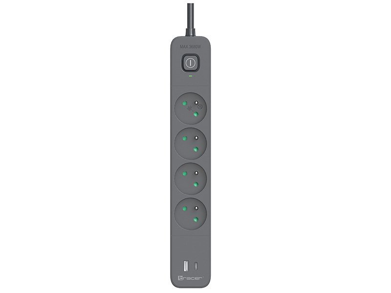 Listwa zasilająca antyprzepięciowa TRACER Power Line+ mobile ready 1.5 m (4 gniazda + 1x USB A+ 1x Type C, PD20W)