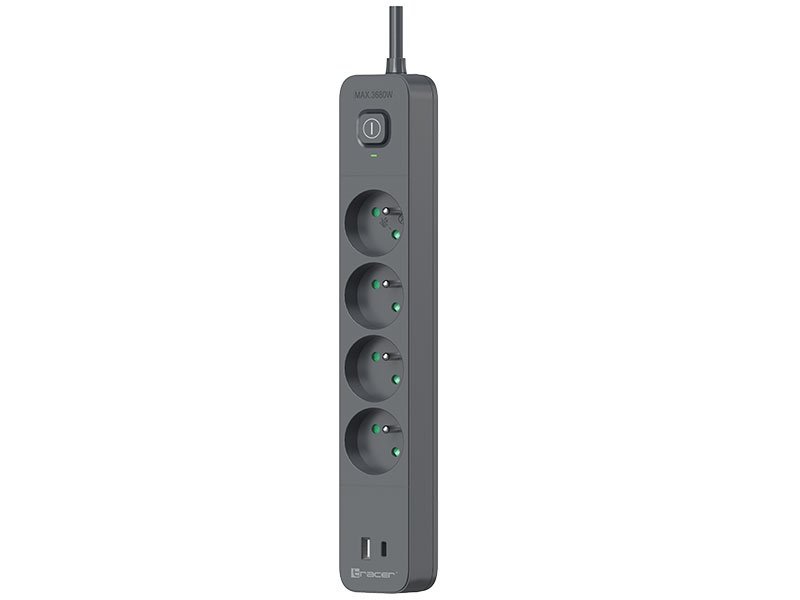 Listwa zasilająca antyprzepięciowa TRACER Power Line+ mobile ready 1.5 m (4 gniazda + 1x USB A+ 1x Type C, PD20W)