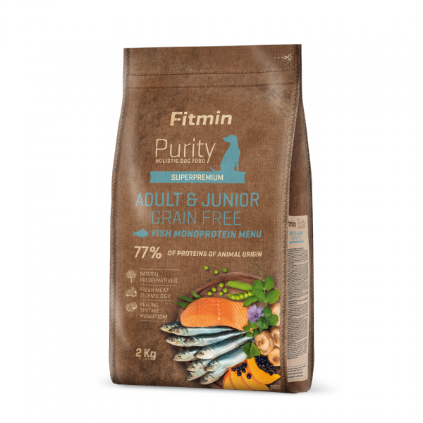 opakowanie suchej karmy Fitmin dog Purity GF Adult &amp; Junior Fish Menu 2kg