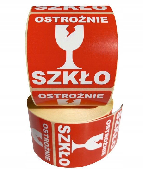 Etykieta ostrzegawcza &quot;OSTROŻNIE SZKŁO&quot; 77x77mm papierowa na roli (1000szt) BULK