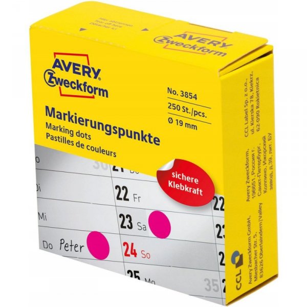 Kółka w dyspenserze trwałe 250szt. 19mm różowe 3854 AVERY ZWECKFORM