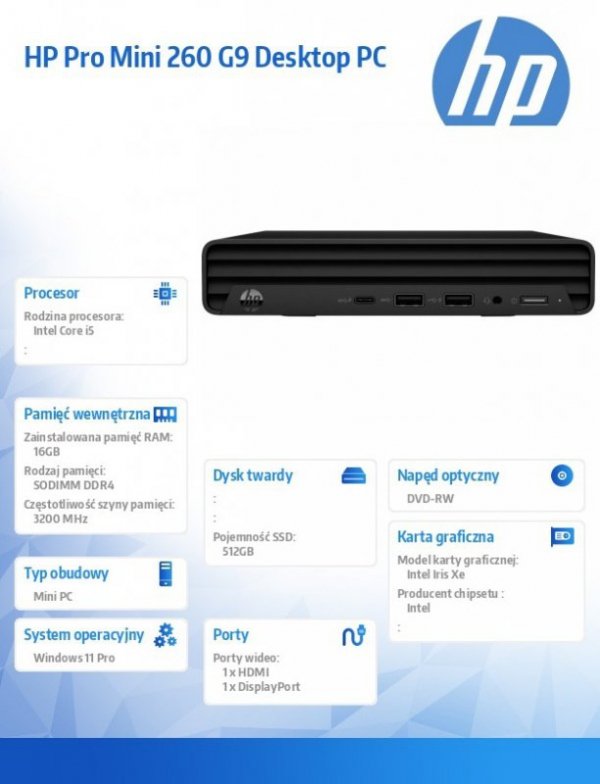 HP Inc. Komputer 260 Mini G9 i5-1335U/512GB/16GB/W11P 883X9EA