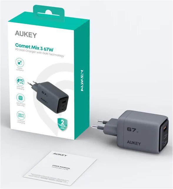 AUKEY PA-C3 ładowarka sieciowa 3xUSB (2xUSB-C + 1xUSB-A) 67W 5A QC5.0 PD3.0 AFC PPS FCP SCP