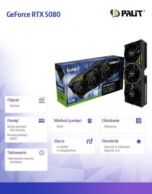 Palit Karta graficzna GeForce RTX 5080 GAMING PRO V1 16GB GDDR7 256bit 3DP/HDMI