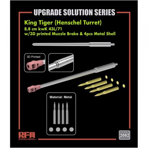RFM 2082 King Tiger 8,8 cm kwK 43L/71 Metal Barrel w/ 3D Printed Muzzle Brake &amp; 4 pcs Metal Shell 1/35