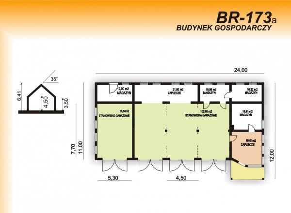 Projekt budynku gospodarczego BR-173a pow. 231.00 m2  (możliwość adaptacji na warsztat samochodowy)
