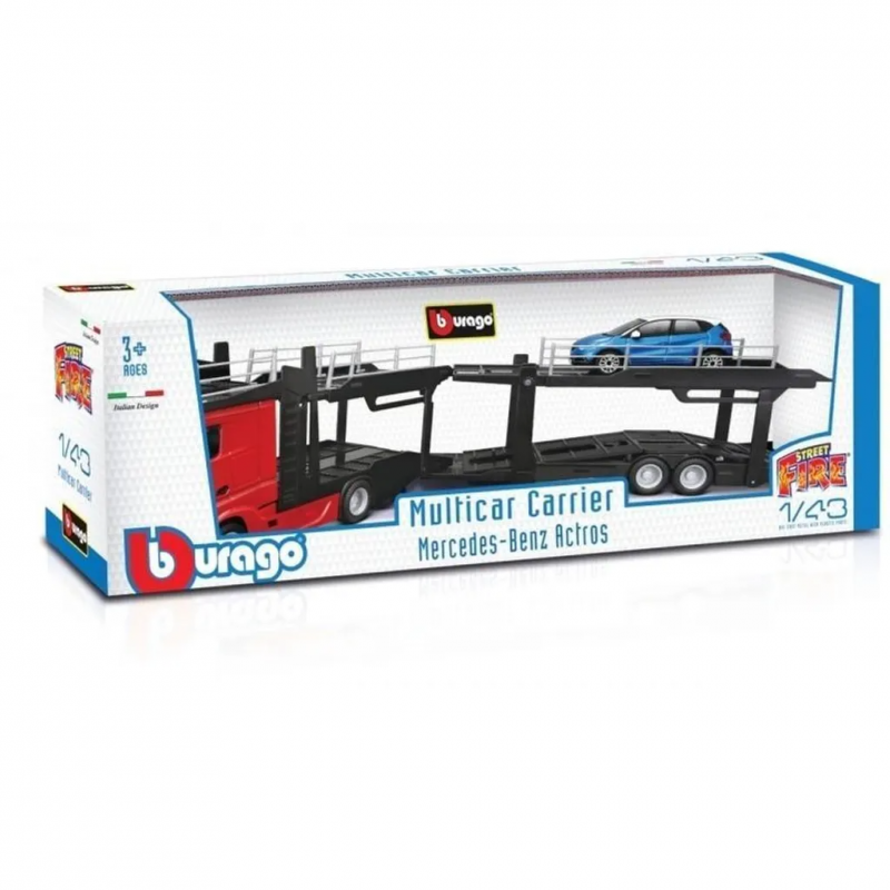 BBURAGO MODEL STREET FIRE MULTICAR CARRIER MERCEDES BENZ ACTROS RENAULT CAPTUR RED + MET BLUE 1:43