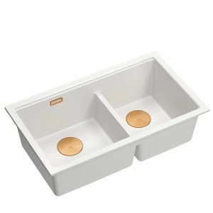 QUADRON | LOGAN 120 | granitowy zlewozmywak kuchenny SNOW WHITE + MIEDŹ PVD | wymiar: 76 x 45 x 23,5 cm | 2-komorowy podwieszany | podbudowa szafki od: 80 cm HQL7645U1PVDC1U