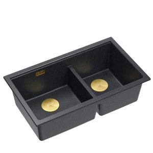 QUADRON | LOGAN 120 | granitowy zlewozmywak kuchenny BLACK DIAMOND + ZŁOTY PVD | wymiar: 76 x 45 x 23,5 cm | 2-komorowy wpuszczany | podbudowa szafki od: 80 cm HQL7645U8PVDG1I