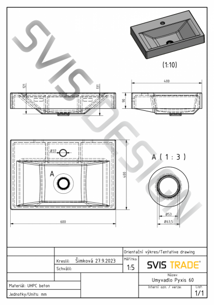 S.V.I.S. Design UMYWALKA 60 CM PYXIS BASIC Z PRZELEWEM, Z OTWOREM NA BATERIĘ - ABSTRACT, ŻÓŁTY I CZERWONY, LAKIER MATOWY