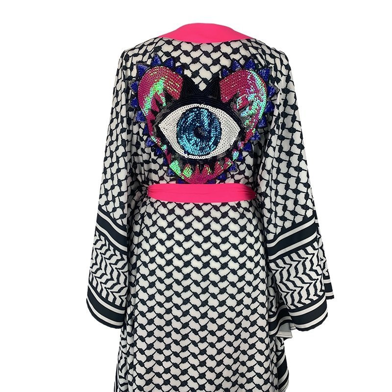 Kimono Checker Black Pink Heart Classic