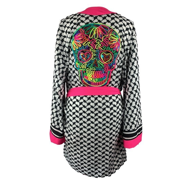 Kimono Checker Black Colorful Scull Short