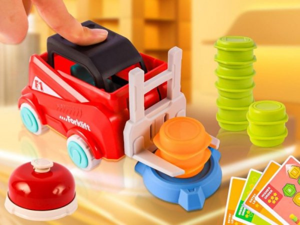 Wózek widłowy Gra zręcznościowa na refleks ZBUDUJ WIEŻĘ Układanka Ułóż beczki widlakiem Widlak