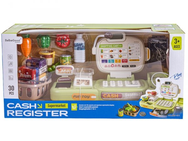 Edukacyjna sklepowa kasa fiskalna 30 El. Waga Kalkulator Czytnik Kodów Akcesoria