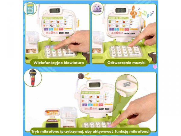 Edukacyjna sklepowa kasa fiskalna 30 El. Waga Kalkulator Czytnik Kodów Akcesoria