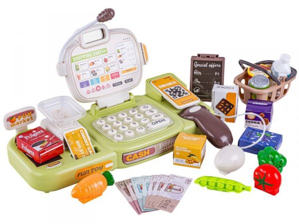 Edukacyjna sklepowa kasa fiskalna 30 El. Waga Kalkulator Czytnik Kodów Akcesoria