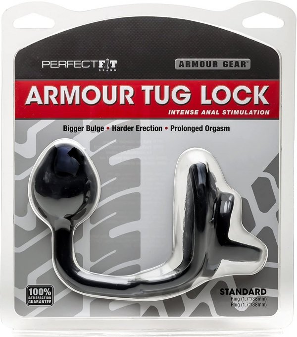 Perfect Fit Armour Tug Lock - pierścień na penisa z kulką analną (czarny)