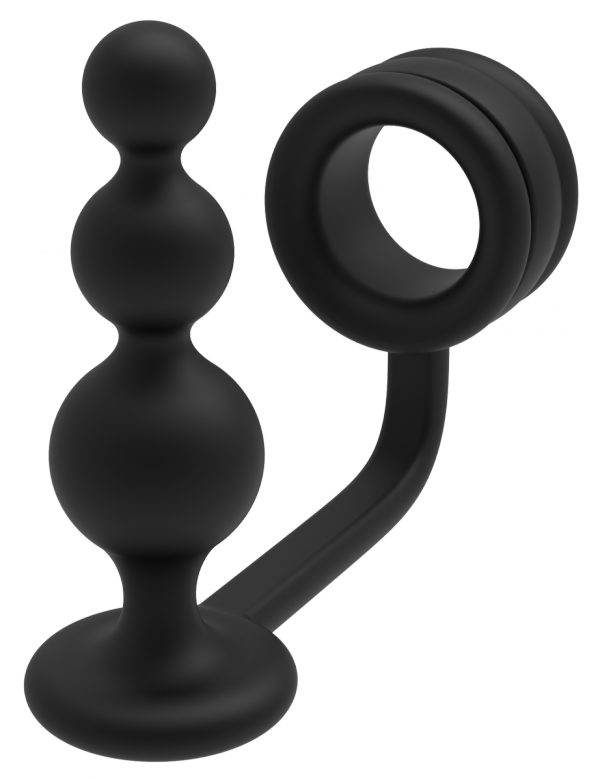Dream Toys RAMROD COCKRING WITH BEADED ANAL PLUG - pierścień z korkiem analnym (czarny)