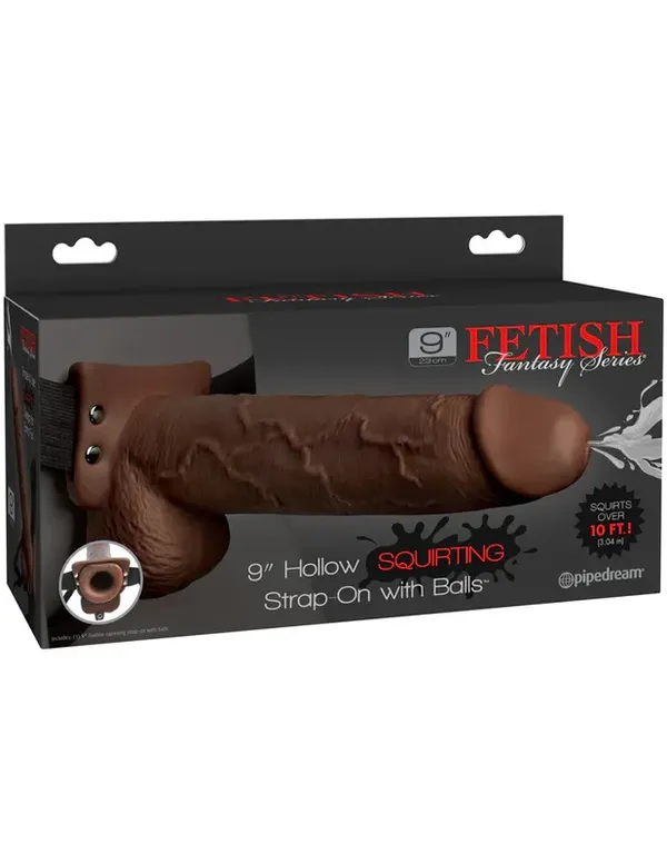 Fetish Fantasy Strap-on Series  9&quot; Hollow Squirting Strap-On with Ball Brown - dildo wielki spust (brązowy)