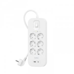 Listwa zasilająca Belkin Power Surge 6-PORT + 1xUSB-A +1xUSB-C 2.4A PD 650J 2m White Schuko