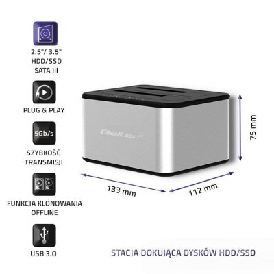 QOLTEC STACJA DOKUJĄCA DYSKÓW 2XHDD/SSD 2.5&quot;/3.5&quot; SATA | USB 3.0 | KLONOWANIE