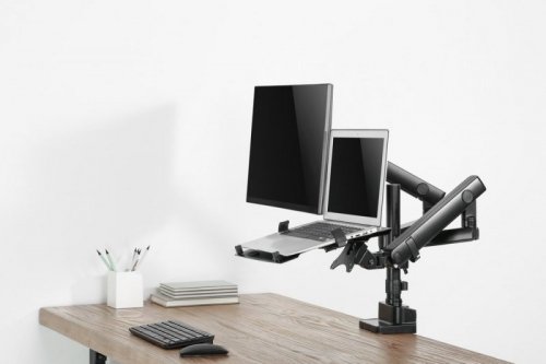 GEMBIRD BIURKOWE REGULOWANE RAMIĘ/UCHWYT NA 2 MONITORY + PÓŁKA NA NOTEBOOKA 17-32, VESA 100X100MM, DO 8 KG