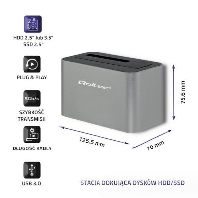 QOLTEC STACJA DOKUJĄCA HDD/SSD | 2.5&quot;/3.5&quot; SATA | USB 3.0