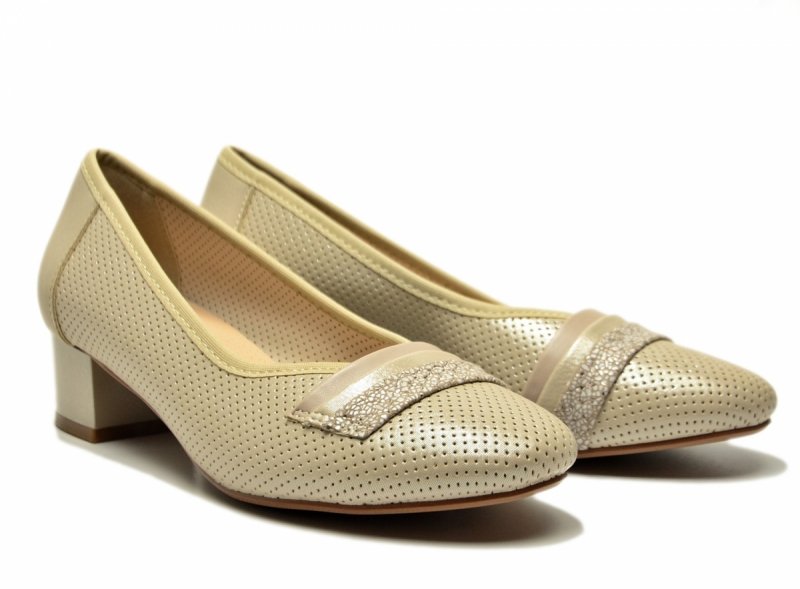 Czółenka 40 POTOCKI 12792 beżowe złote na obcasie beż ażurowane