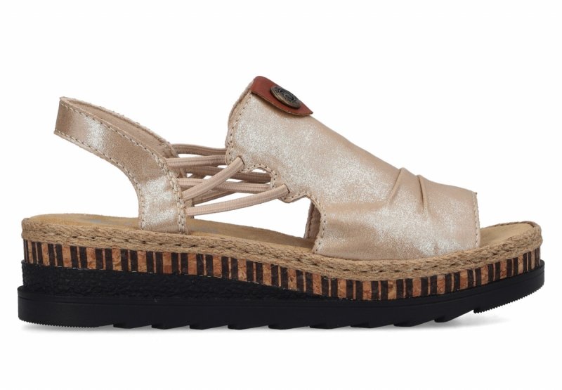 Sandałki beżowe złote 39 RIEKER 7972 beż na koturnie platformie