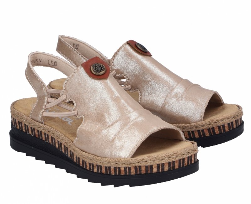 Sandałki beżowe złote 41 RIEKER 7972 beż na koturnie platformie