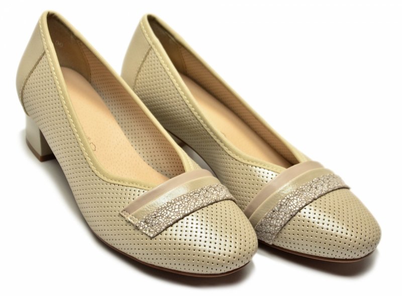 Czółenka 40 POTOCKI 12792 beżowe złote na obcasie beż ażurowane