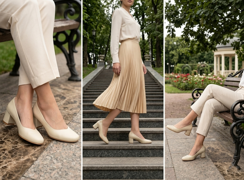 Czółenka 39 CAMBELL 19410 skóra beżowe na obcasie jasny beż skórzane