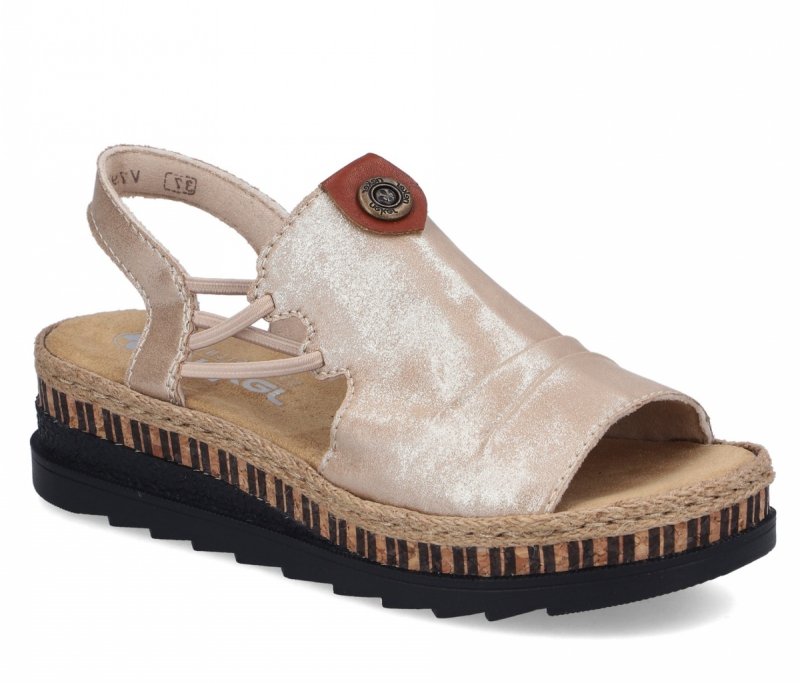 Sandałki beżowe złote 37 RIEKER 7972 beż na koturnie platformie