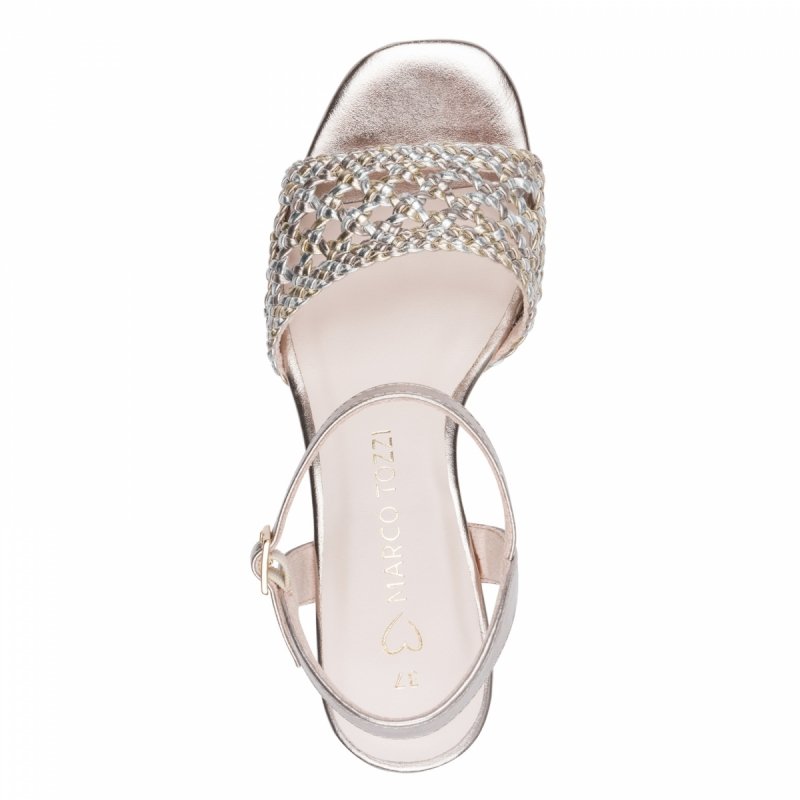 Sandałki 39 złote MARCO TOZZI 28382 na obcasie plecione różowe złoto
